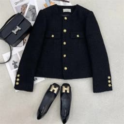 Black Small Fragrant Style Short Jacket Women's Top 2026 Autumn Winter New Round Neck Thick Coarse Tweed Coat Female Outwear