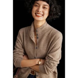 Women's Slim Fit Wool Cardigan Semi-High Neck Solid Color Long Sleeve Cashmere Knitted Sweater Versatile Casual Coat