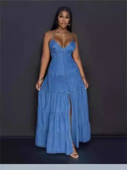Wmstar Denim Dresses for Women 2025 Elegant New Sweet Sexy Deep V Neck Halter Bandage Belt Long Dress Wholesale Dropshipping