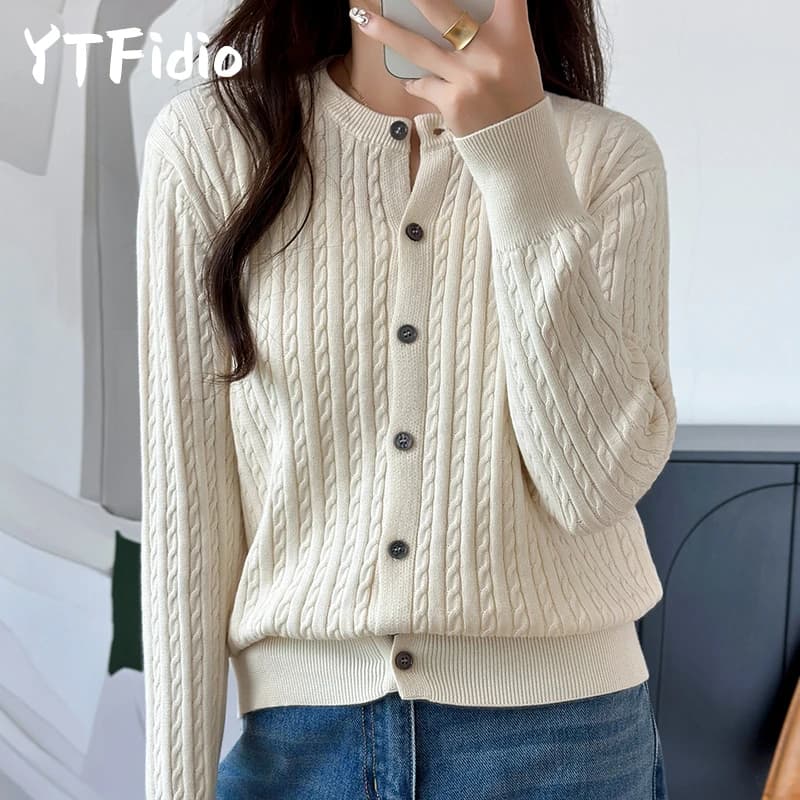 YTFidio 100% Cotton Women O-neck Twisted Flower Solid Cardigan Luxury Designer Clothing Woman Pullover Female Tops 392