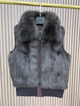Women's Genuine Real Rabbit Fur Vest Coat Knitting Winter Fox Fur Collar Fur Jacket Casual Short Outwear Slim with Zipper