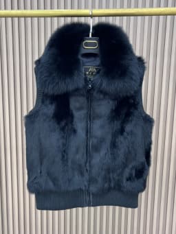 Women's Genuine Real Rabbit Fur Vest Coat Knitting Winter Fox Fur Collar Fur Jacket Casual Short Outwear Slim with Zipper