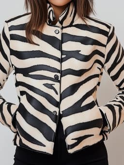 Women PU Leather Jacket Elegant Spring Autumn Zebra Stripes Stand Collar Button Pocket Jackets Cardigans Retro Coat Outwear Tops