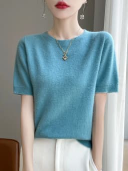 Fashion Basic Spring Summer Merino Wool Sweater O-Neck Cashmere Pullover  Solid Color Soft Short Sleeve Shirt Clothing Tops