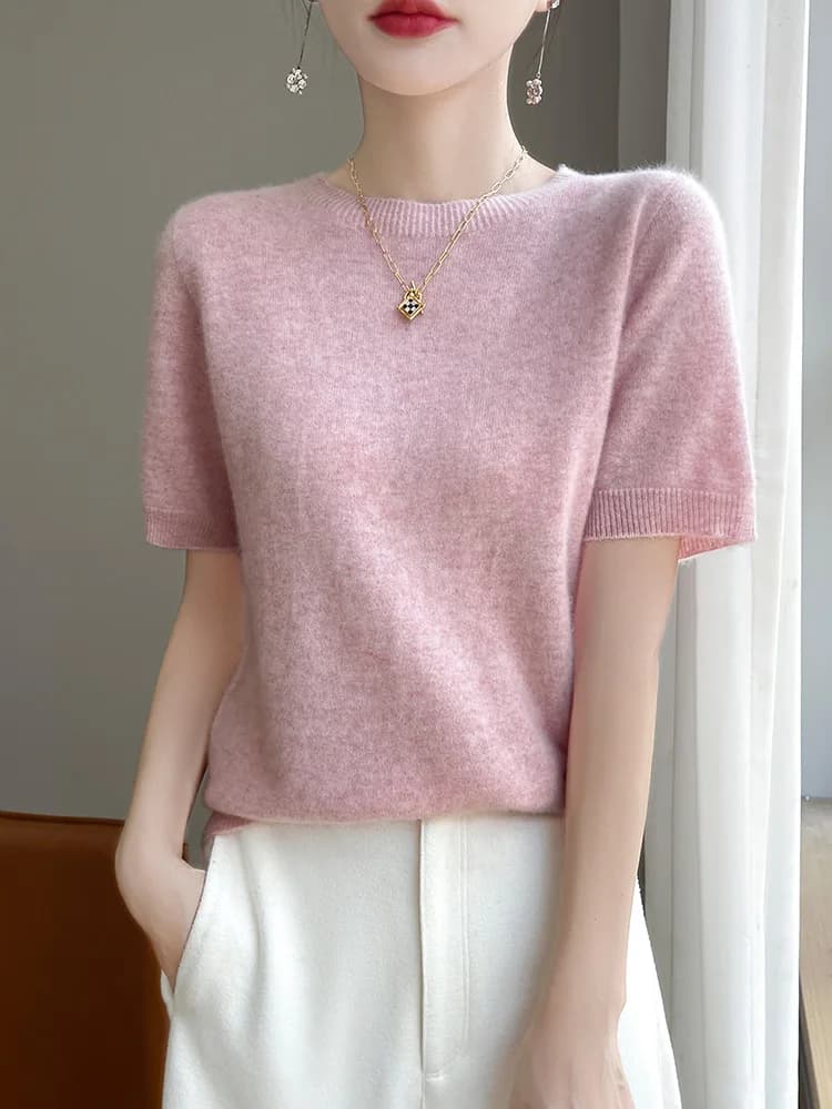 Fashion Basic Spring Summer Merino Wool Sweater O-Neck Cashmere Pullover  Solid Color Soft Short Sleeve Shirt Clothing Tops