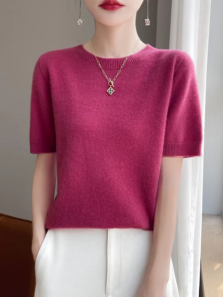 Fashion Basic Spring Summer Merino Wool Sweater O-Neck Cashmere Pullover  Solid Color Soft Short Sleeve Shirt Clothing Tops