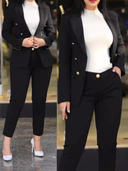2Pcs Women's Solid Color Suit + Trousers Two-Piece Set Slim Fit Business Fashion Double Breasted Formal Female Clothes Outfit