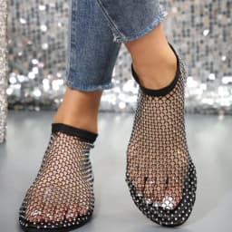 Round Toe Holiday Rhinestone Sandal Slipper Non-Slip Flat Shoes Mesh Seaside Sandals Waterproof Shiny Sexy Ankle Boot Outdoor