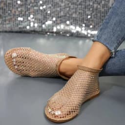 Round Toe Holiday Rhinestone Sandal Slipper Non-Slip Flat Shoes Mesh Seaside Sandals Waterproof Shiny Sexy Ankle Boot Outdoor