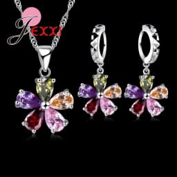 Shinning Flower Colorful CZ Crystal Pendant Jewelry Sets 925 Sterling Silver Pendant Necklace + Dangle/Hoop Earring Sets