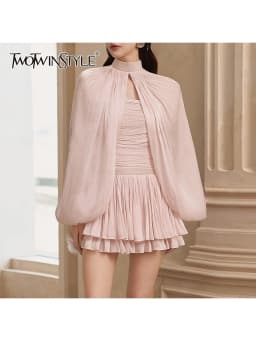 TWOTWINSTYLE Sweet Spliced Shirring Two Piece Set for Women Stand Neck Long Sleeves Top Strapless Sleeveless Dress Sets Female