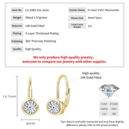 Lnkry 5MM/6.5MM/8MM Moissanite Hoop Earring 14k Gold-Filled Sparling Lab Diamond Leverback Earrings for Women Gift