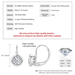 Lnkry 5MM/6.5MM/8MM Moissanite Hoop Earring 14k Gold-Filled Sparling Lab Diamond Leverback Earrings for Women Gift