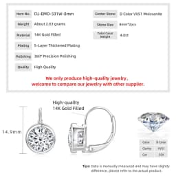 Lnkry 5MM/6.5MM/8MM Moissanite Hoop Earring 14k Gold-Filled Sparling Lab Diamond Leverback Earrings for Women Gift