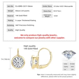 Lnkry 5MM/6.5MM/8MM Moissanite Hoop Earring 14k Gold-Filled Sparling Lab Diamond Leverback Earrings for Women Gift