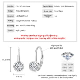 Lnkry 5MM/6.5MM/8MM Moissanite Hoop Earring 14k Gold-Filled Sparling Lab Diamond Leverback Earrings for Women Gift