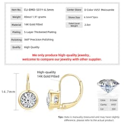 Lnkry 5MM/6.5MM/8MM Moissanite Hoop Earring 14k Gold-Filled Sparling Lab Diamond Leverback Earrings for Women Gift