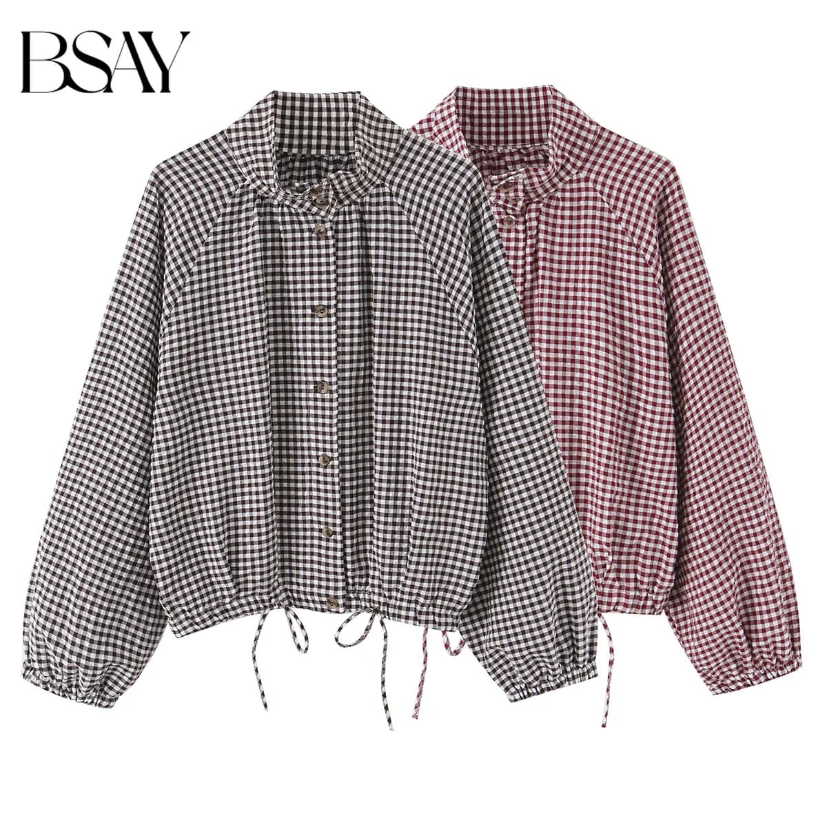 BSAY New Ladies Cropped Gingham Plaid Outerwear Stand Collar Long Puff Sleeve Button Up Drawstring Hem Casual Loose Check Jacket