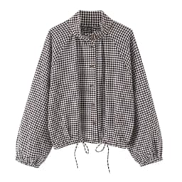 BSAY New Ladies Cropped Gingham Plaid Outerwear Stand Collar Long Puff Sleeve Button Up Drawstring Hem Casual Loose Check Jacket