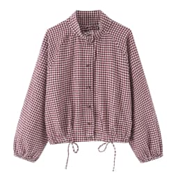 BSAY New Ladies Cropped Gingham Plaid Outerwear Stand Collar Long Puff Sleeve Button Up Drawstring Hem Casual Loose Check Jacket