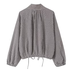 BSAY New Ladies Cropped Gingham Plaid Outerwear Stand Collar Long Puff Sleeve Button Up Drawstring Hem Casual Loose Check Jacket