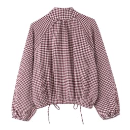 BSAY New Ladies Cropped Gingham Plaid Outerwear Stand Collar Long Puff Sleeve Button Up Drawstring Hem Casual Loose Check Jacket