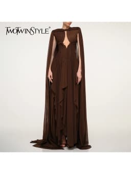 TWOTWINSTYLE Coffee Loose Spliced Folds Chic Dresses for Women O Neck Sleeveless Vintage Luxury Dress Female Summer Fashion New