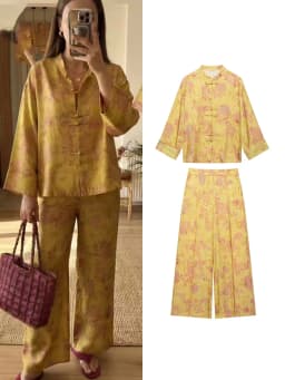 2026 Women Vintage Wide Leg Pant Set Chinese Style Stand Collar Frog Button Long Sleeve Shirt Loose Trousers Print Two Piece Set