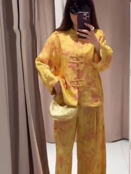 2026 Women Vintage Wide Leg Pant Set Chinese Style Stand Collar Frog Button Long Sleeve Shirt Loose Trousers Print Two Piece Set