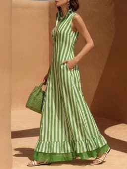 Yeezzi Women's French Style Striped Zipper A-Line Dress 2026 New Sleeveless Layer Ruffle Hem Stand Collar Evening Maxi Dresses