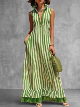 Yeezzi Women's French Style Striped Zipper A-Line Dress 2026 New Sleeveless Layer Ruffle Hem Stand Collar Evening Maxi Dresses
