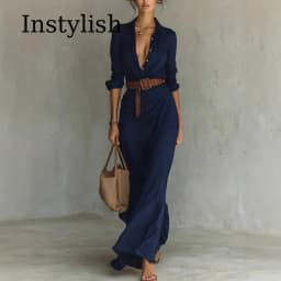 Khaki Women Lapel Long Sleeve Shirt Maxi Dress Belted Wrap Ruched Flowy Casual Beach Vacation Elegant Party Long Dresses