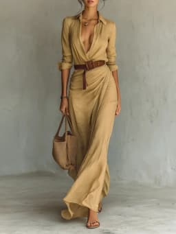 Khaki Women Lapel Long Sleeve Shirt Maxi Dress Belted Wrap Ruched Flowy Casual Beach Vacation Elegant Party Long Dresses