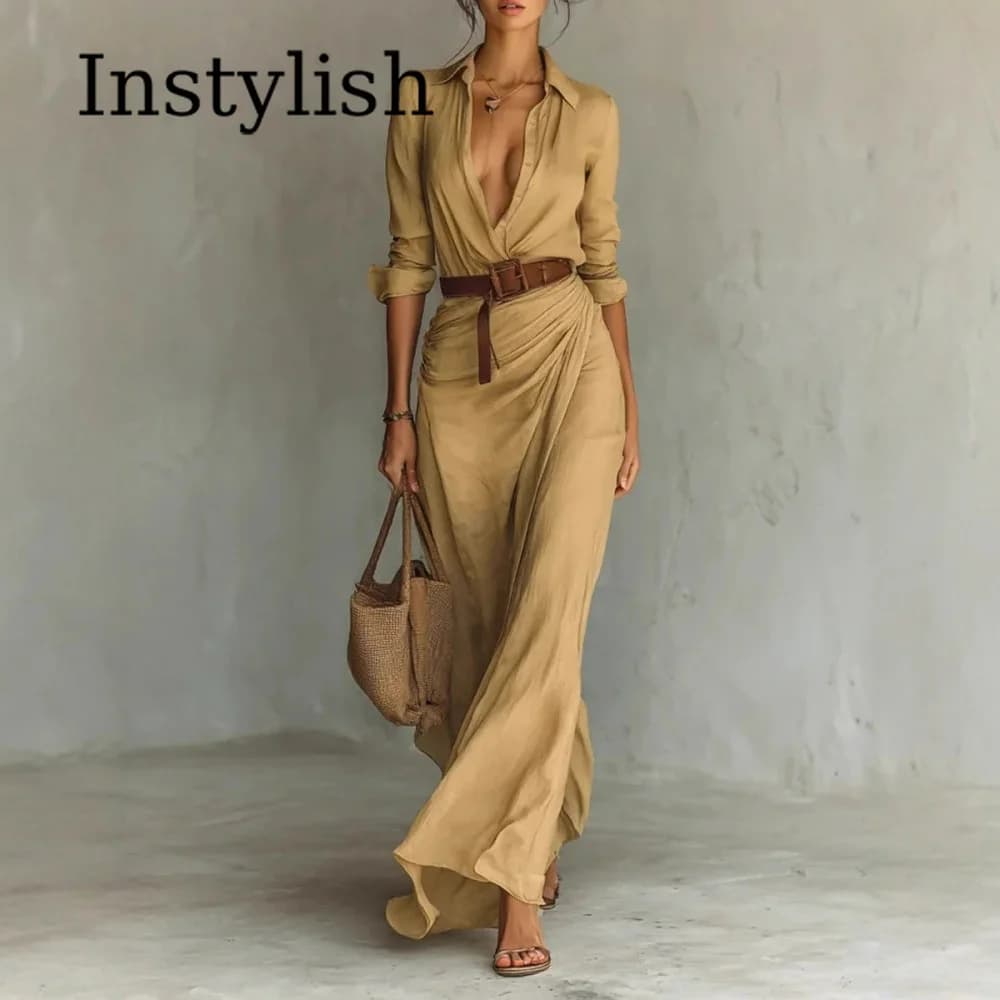 Khaki Women Lapel Long Sleeve Shirt Maxi Dress Belted Wrap Ruched Flowy Casual Beach Vacation Elegant Party Long Dresses