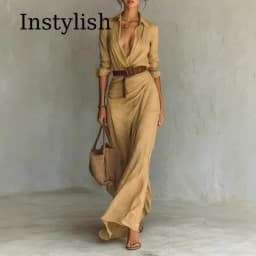 Khaki Women Lapel Long Sleeve Shirt Maxi Dress Belted Wrap Ruched Flowy Casual Beach Vacation Elegant Party Long Dresses
