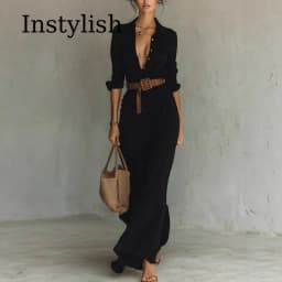 Khaki Women Lapel Long Sleeve Shirt Maxi Dress Belted Wrap Ruched Flowy Casual Beach Vacation Elegant Party Long Dresses