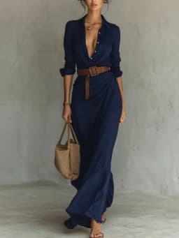 Khaki Women Lapel Long Sleeve Shirt Maxi Dress Belted Wrap Ruched Flowy Casual Beach Vacation Elegant Party Long Dresses