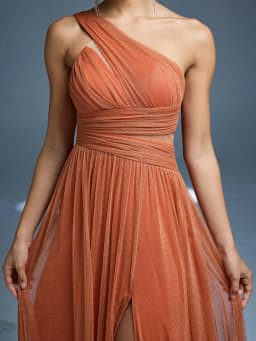Mgiacy New Arrival One Shoulder Solid Color Bridesmaid DressperspectiveRuchedHigh slitMesh,Long dress