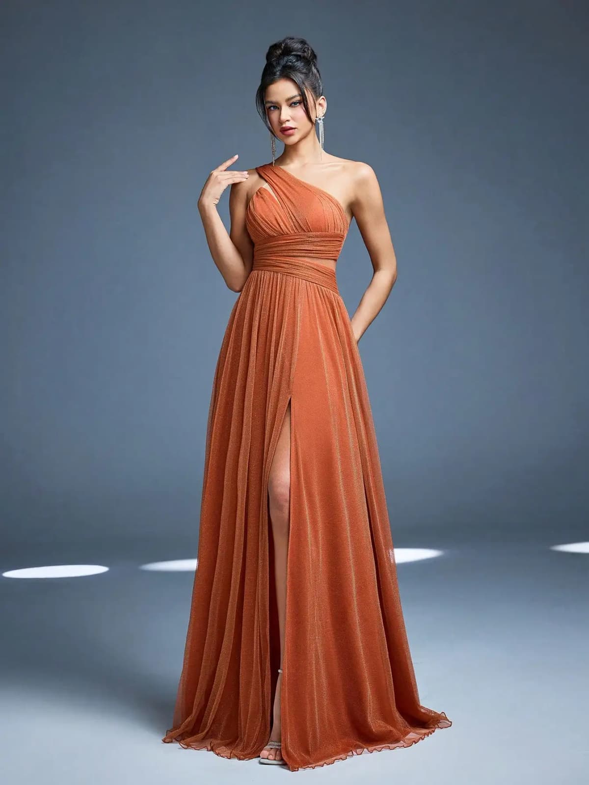 Mgiacy New Arrival One Shoulder Solid Color Bridesmaid DressperspectiveRuchedHigh slitMesh,Long dress