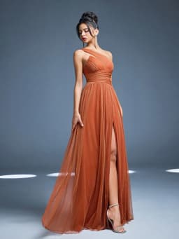 Mgiacy New Arrival One Shoulder Solid Color Bridesmaid DressperspectiveRuchedHigh slitMesh,Long dress