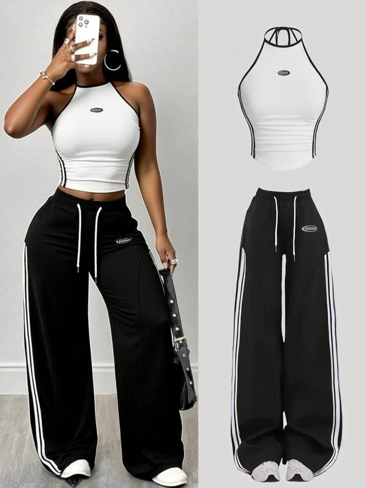 Women Halter Striped Crop Top And Drawstring Wide Leg Pants For Sporty Streetwear Gym And Daily Casual Occasion