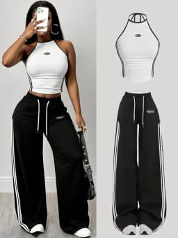 Women Halter Striped Crop Top And Drawstring Wide Leg Pants For Sporty Streetwear Gym And Daily Casual Occasion