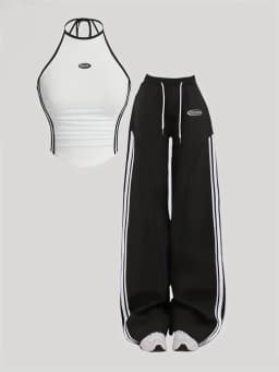 Women Halter Striped Crop Top And Drawstring Wide Leg Pants For Sporty Streetwear Gym And Daily Casual Occasion