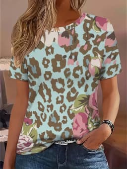 Leopard Print Women's T-Shirt Short Sleeved Tops Summer Casual Women's Crew-Neck Y2k Clothes T-Shirt Outdoor Street Elegant Top