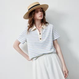 TOYOUTH Women's T-Shirt 2026 Summer New Hollow Stripe Color Block Polo Collar Nautical Top, Loose Fit Vintage Tee