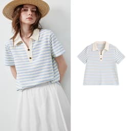 TOYOUTH Women's T-Shirt 2026 Summer New Hollow Stripe Color Block Polo Collar Nautical Top, Loose Fit Vintage Tee