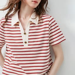 TOYOUTH Women's T-Shirt 2026 Summer New Hollow Stripe Color Block Polo Collar Nautical Top, Loose Fit Vintage Tee
