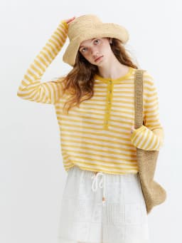 FSLE Striped T-shirt Long-sleeved Cover-up Women's 2026 Summer and Autumn New Style Half-open Knitted Top Loose Leisure