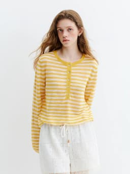 FSLE Striped T-shirt Long-sleeved Cover-up Women's 2026 Summer and Autumn New Style Half-open Knitted Top Loose Leisure