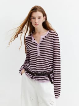 FSLE Striped T-shirt Long-sleeved Cover-up Women's 2026 Summer and Autumn New Style Half-open Knitted Top Loose Leisure